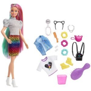 Barbie Muñeca De Cabello Leopardo Arcoíris / 14 Accesorios / 3+ Años
